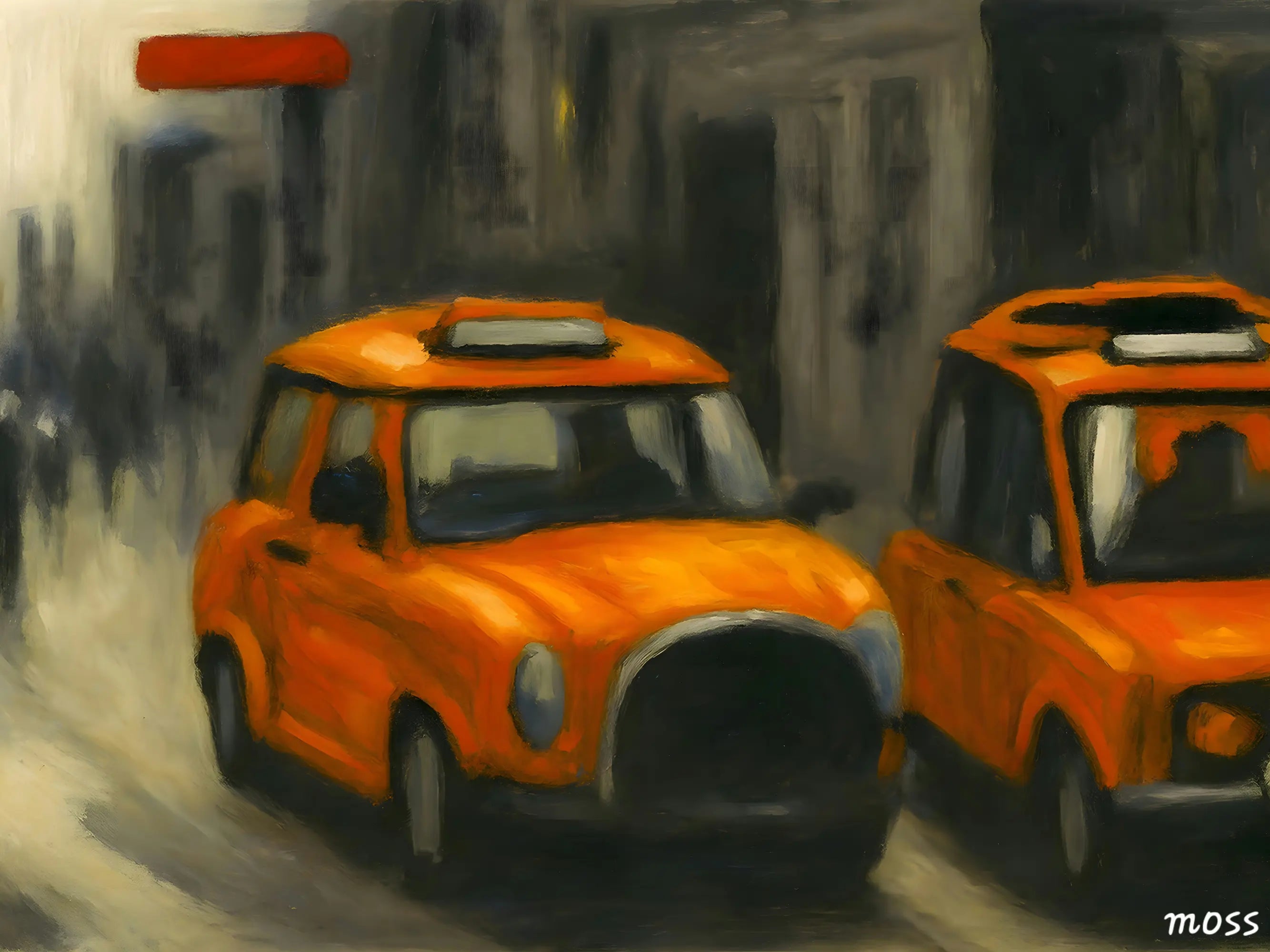 Orange Taxis on City Street - Imaginative Realities Collection Mosseri Art Gallery